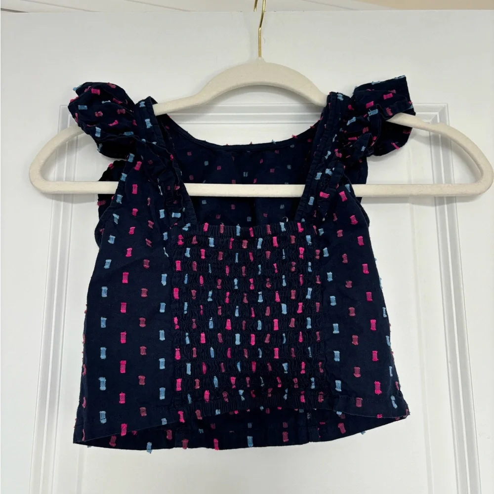 Gap Kids Navy Blue Ruffle Sleeve with Pink & Blue Design Tank Top Size Medium
